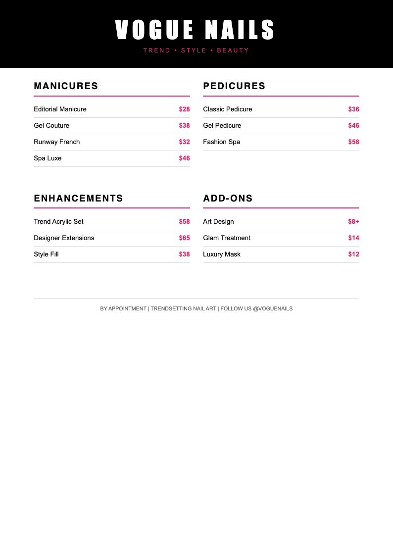 Magazine style nail price list